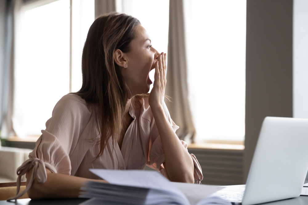 Head,Shot,Distracted,From,Work,Study,Young,Woman,Yawning,,Having