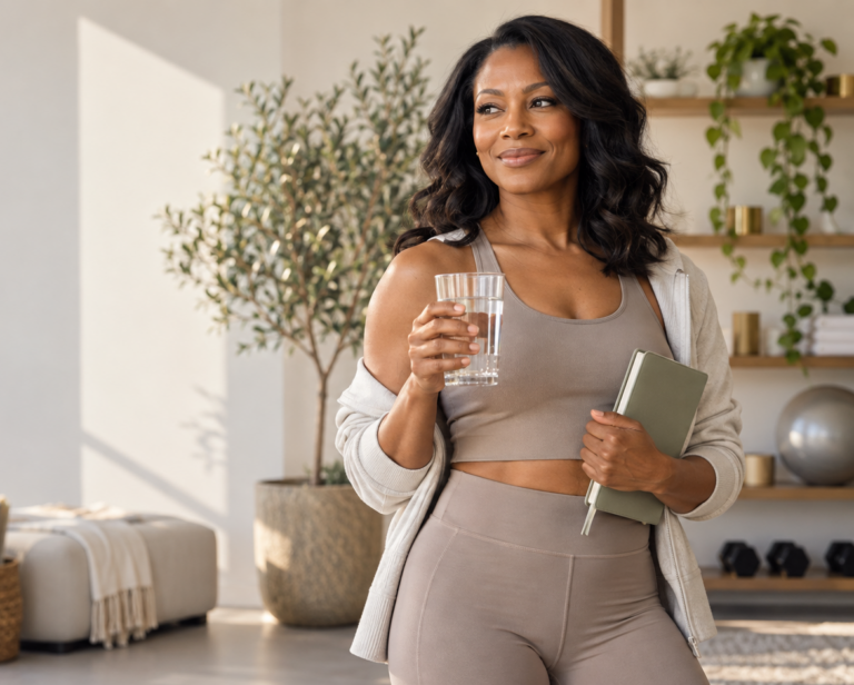 Woman holding water and a wellness journal as part of a healthy weight maintenance routine in Houston.